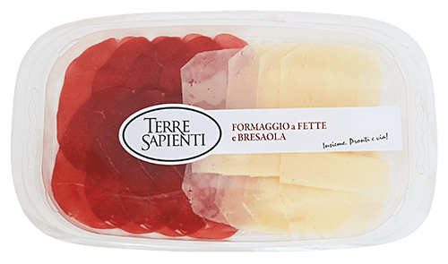 TERRE SAPIENTI FORMAGGIO A FETTE E BRESAOLA AFFETTATI, CONFEZIONATI IN VASCHETTA, SOTTO ATMOSFERA PROTETTIVA 100 G
