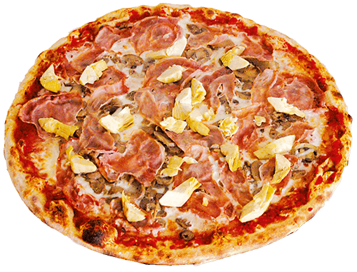 PIZZA MAXI CAPRICCIOSA POMODORO, MOZZARELLA, PROSCIUTTO COTTO, FUNGHI E CARCIOFINI